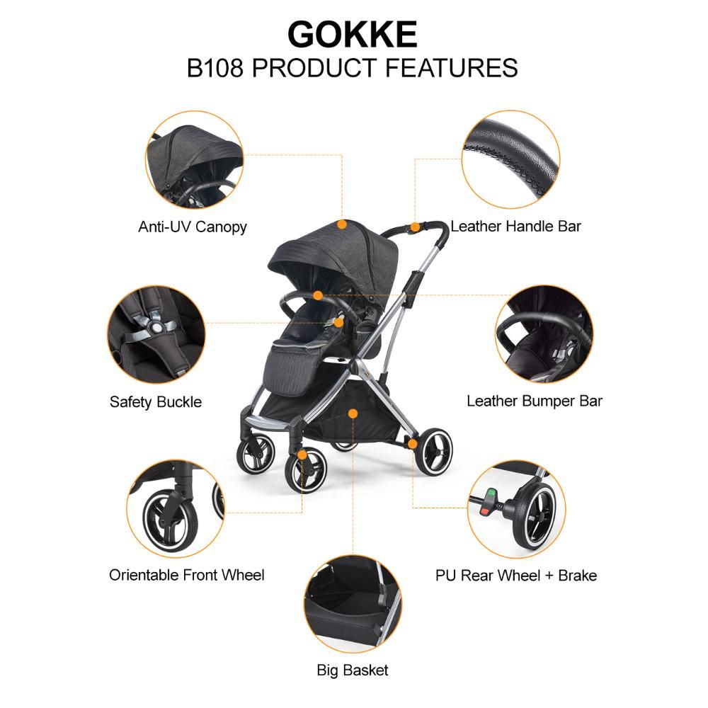 Gokke - Reversible Baby Stroller W/ Chrome Frame B108BL - Black