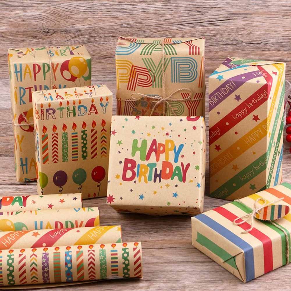 Long Sun - Happy Birthday Star Printed Kraft Wrapping Paper - 6pcs