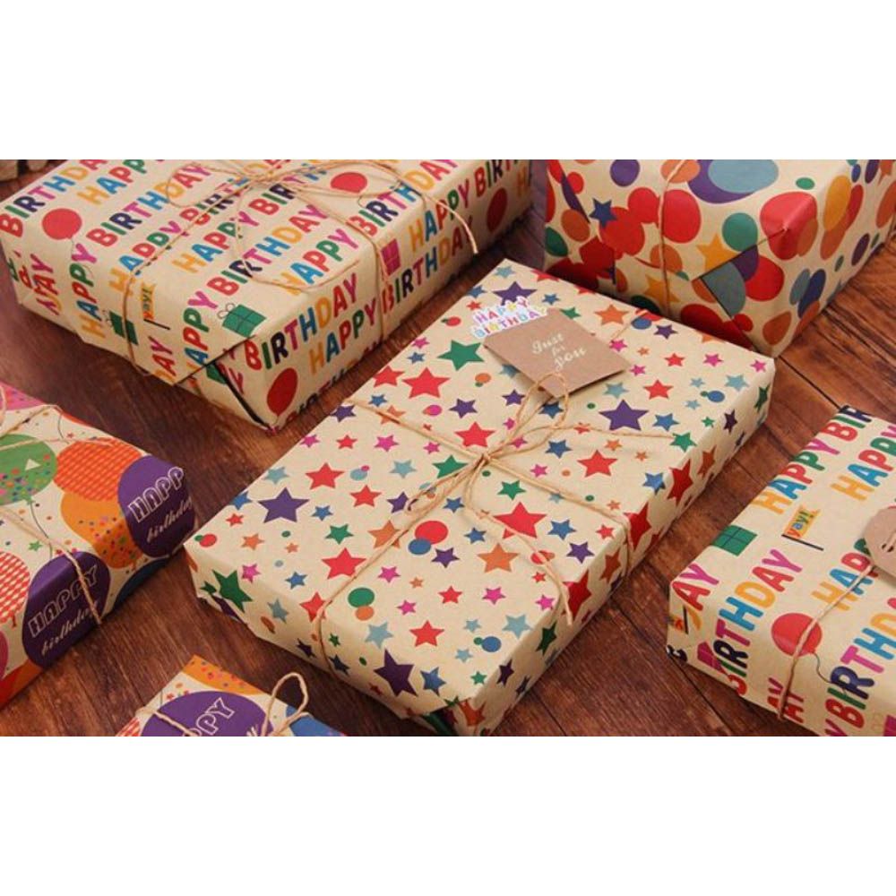 Long Sun - Birthday Star Printed Kraft Wrapping Paper - 6pcs