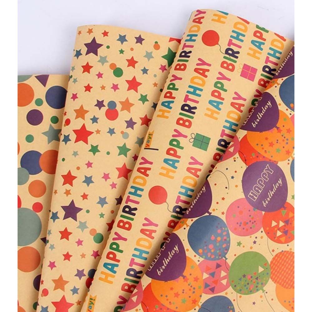 Long Sun - Birthday Star Printed Kraft Wrapping Paper - 6pcs