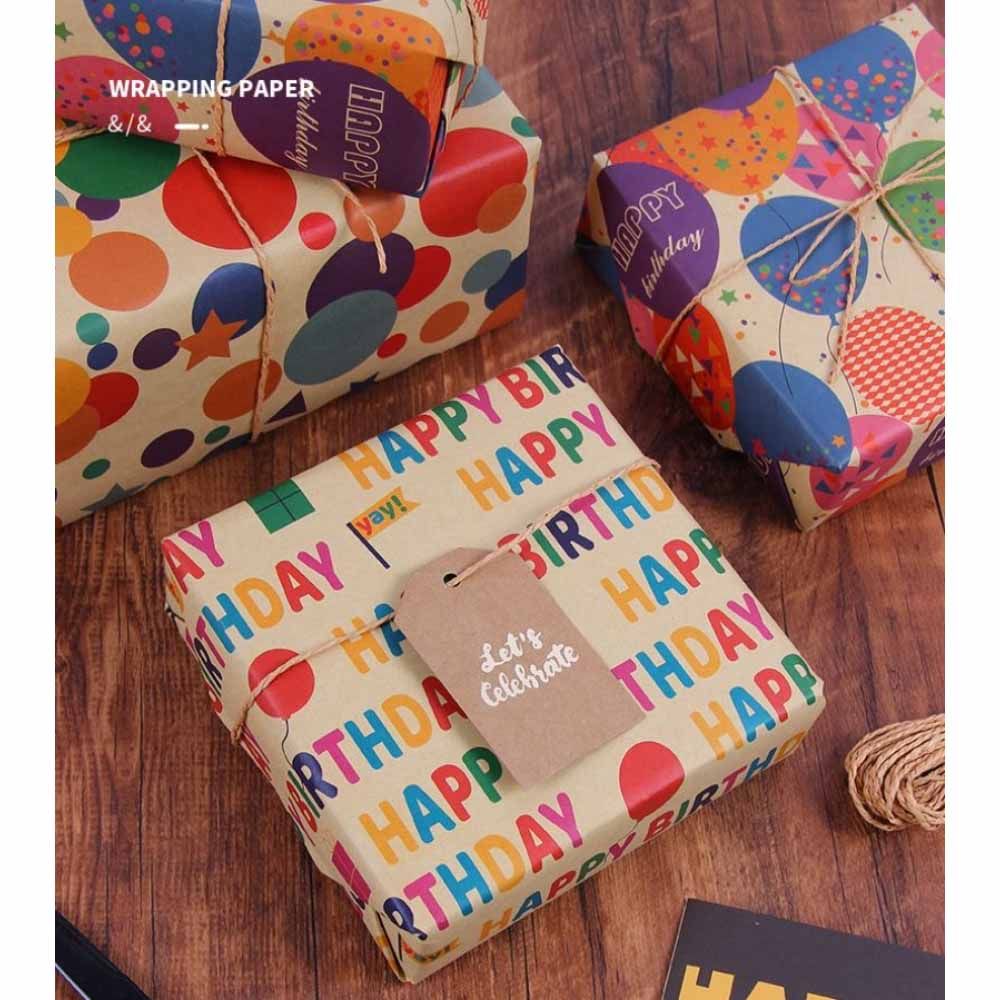 Long Sun - Balloon Printed Happy Birthday Kraft Wrapping Paper - 6pcs