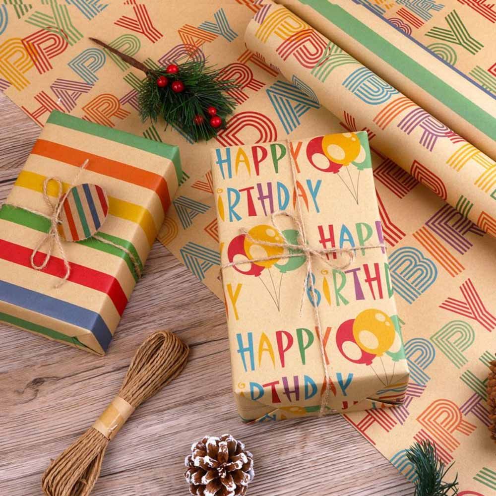 Long Sun - Happy Birthday Balloon Printed Kraft Wrapping Paper - 6pcs