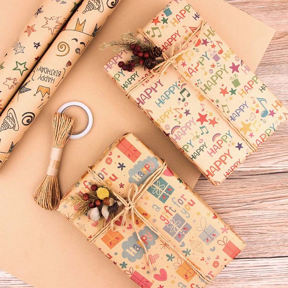 Long Sun - Star Printed Birthday Kraft Wrapping Paper - 6pcs