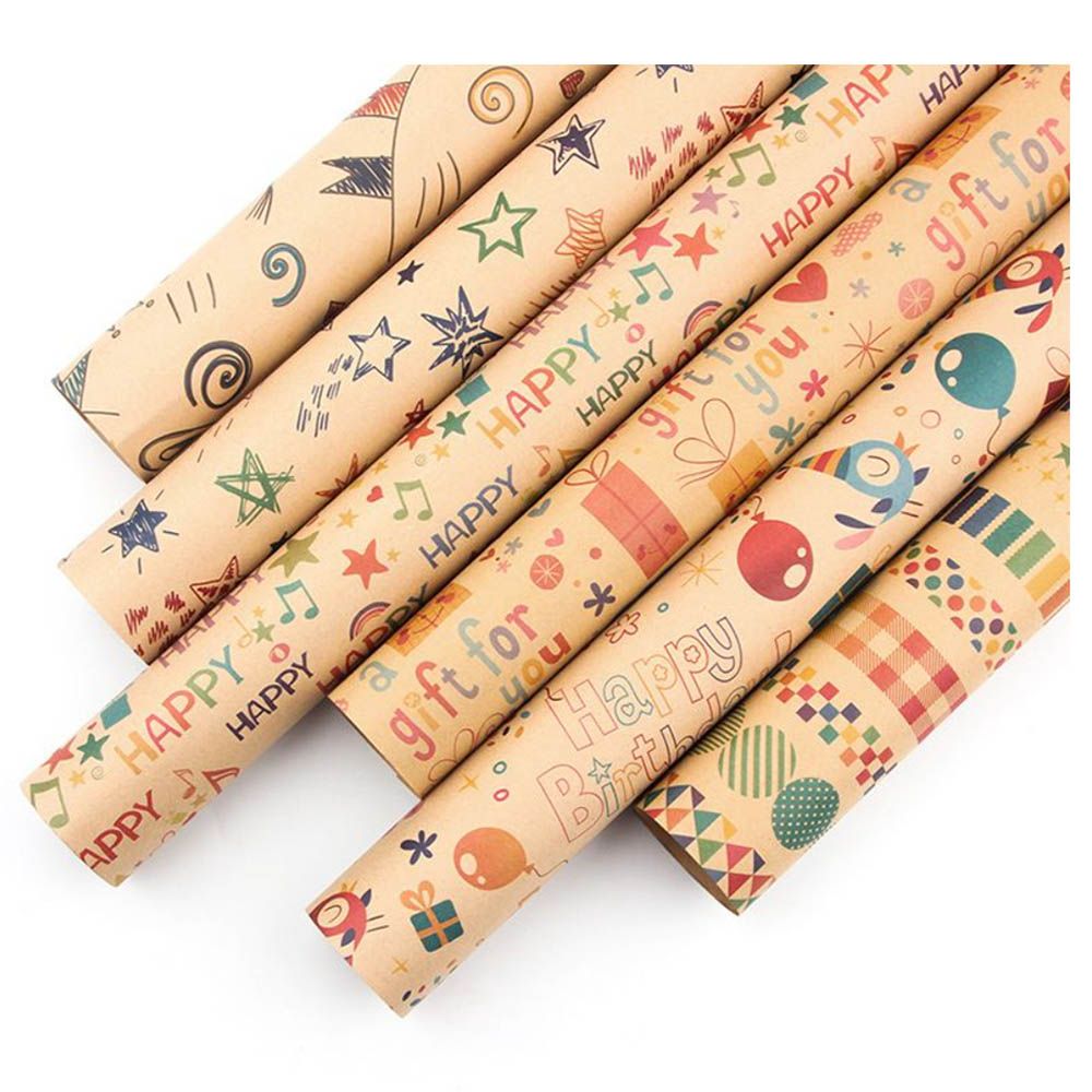 Long Sun - Star Printed Birthday Kraft Wrapping Paper - 6pcs