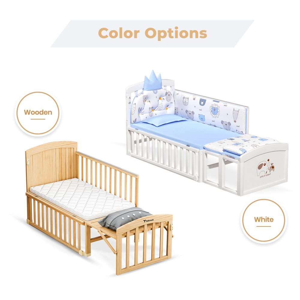 Teknum - 7-in-1 Convertible Kids Bed & Bedside Crib w/ Mattress, Mosquito Net & Detachable Wheels