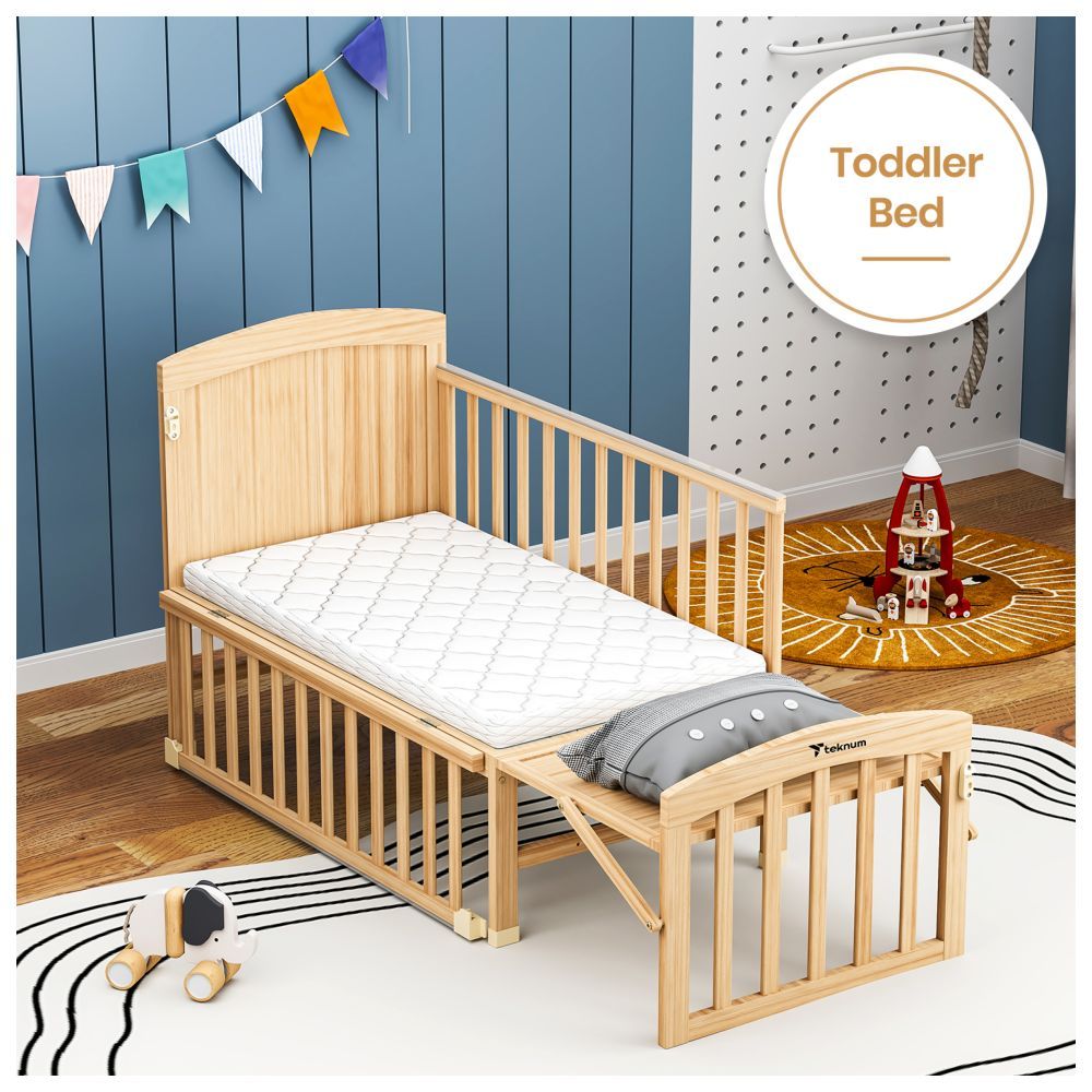 Teknum - 7-in-1 Convertible Kids Bed & Bedside Crib w/ Mattress, Mosquito Net & Detachable Wheels