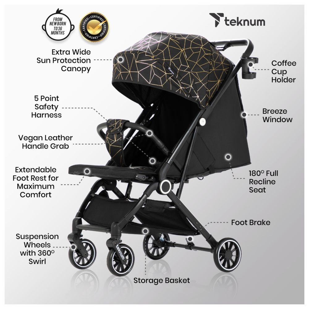 TEKNUM - TravelZen Stroller with Coffee Cup Holder - Black Gold