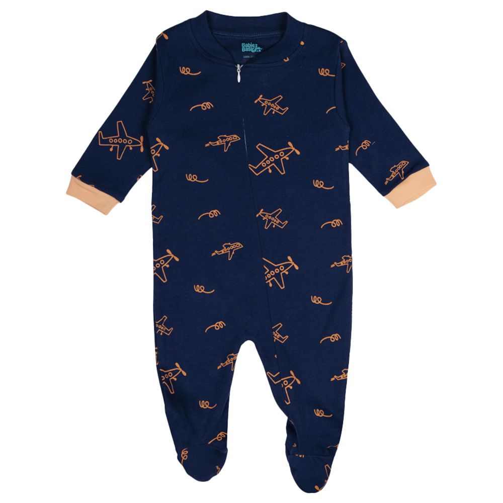 Babies Basic - 100% Cotton Long Sleeves Footed Sleepsuit - Blue