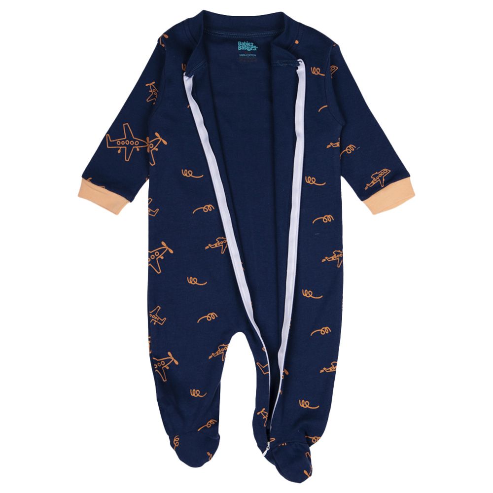 Babies Basic - 100% Cotton Long Sleeves Footed Sleepsuit - Blue