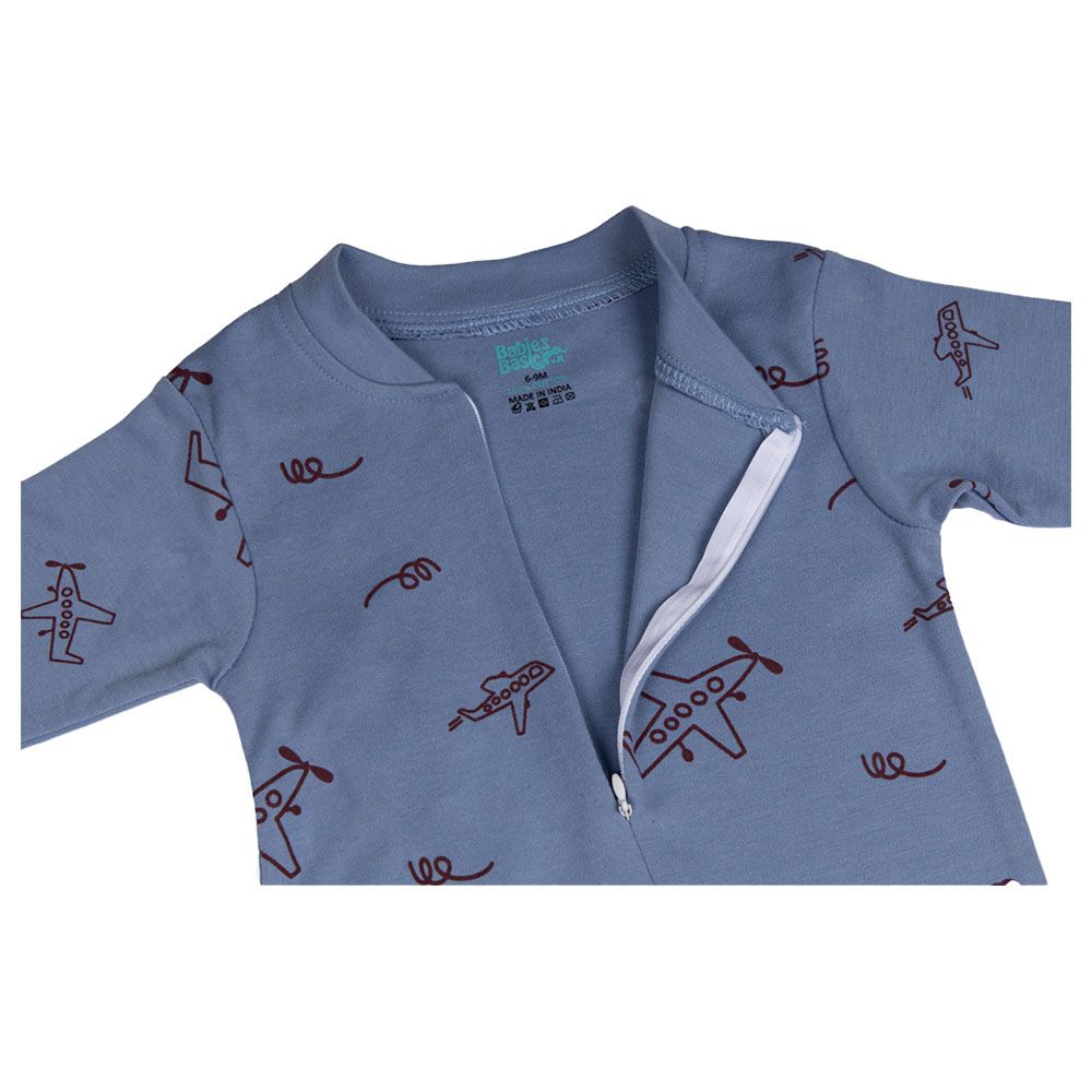 Babies Basic - 100% Cotton Long Sleeves Footed Sleepsuit - Sky Blue