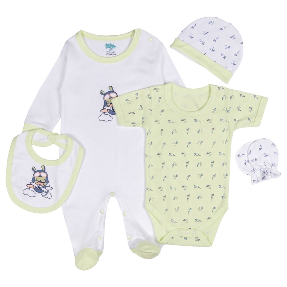 Babies Basic - 5pc-Set - Unisex 100% Cotton Gift Set - Green/White