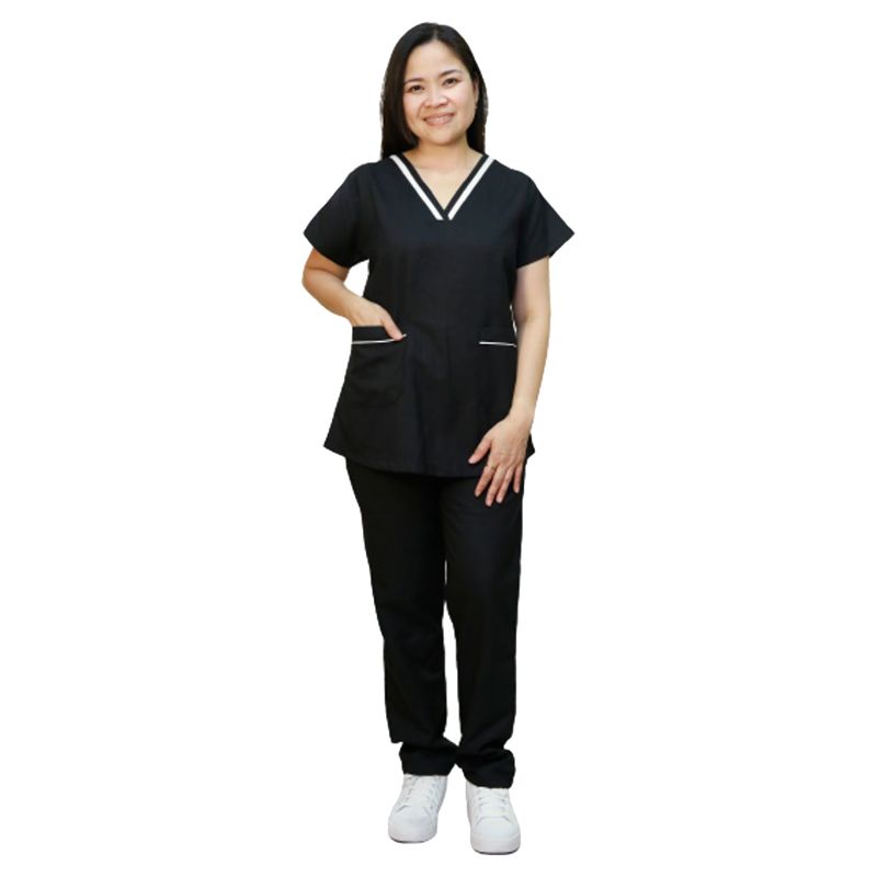 Veronica - 2pc-Set - V-Neck Scrub Uniform w/ 2 Pockets - Black