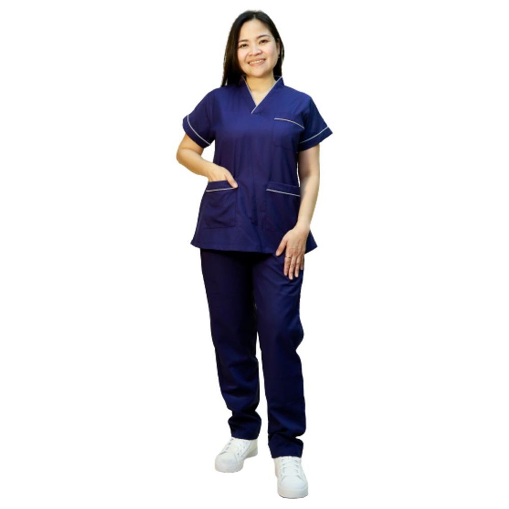 Veronica - 2pc-Set - Scrub Uniform w/ Piping Neckline - Navy Blue