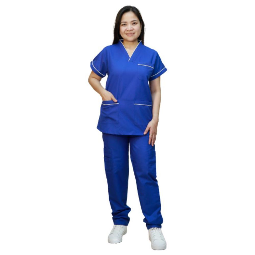 Veronica - 2pc-Set - Scrub Uniform w/ Piping Neckline - Klien Blue