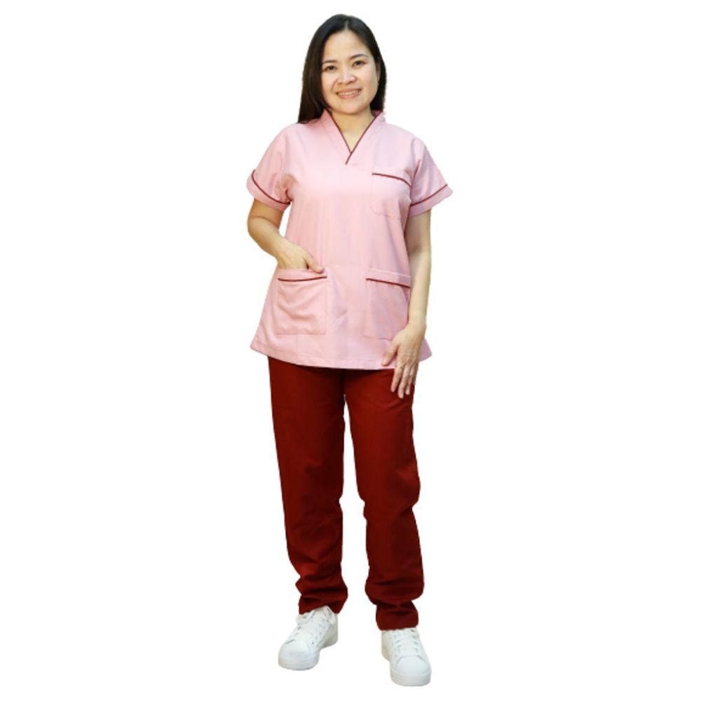 Veronica - 2pc-Set - Scrub Uniform w/ Piping Neckline - Pink/Maroon