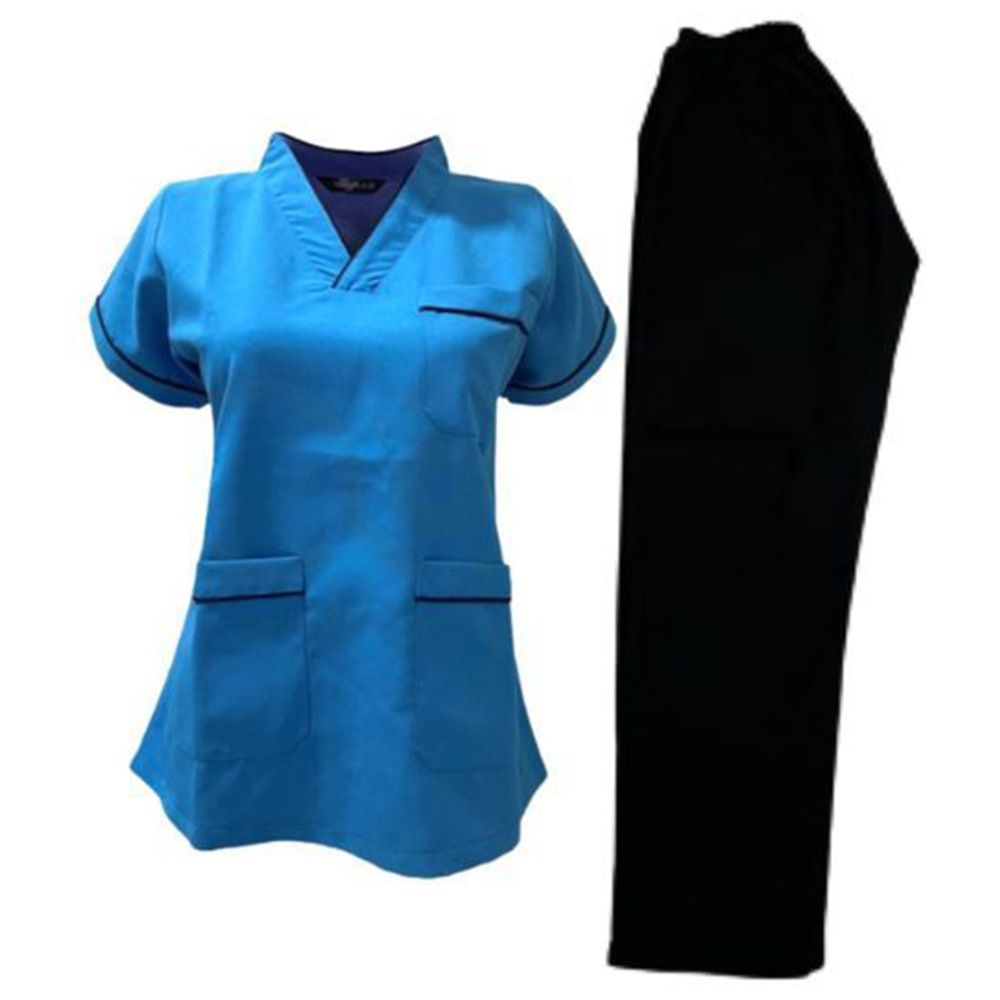 Veronica - 2pc-Set - Scrub Uniform w/ Piping Neckline - Turquoise/Black