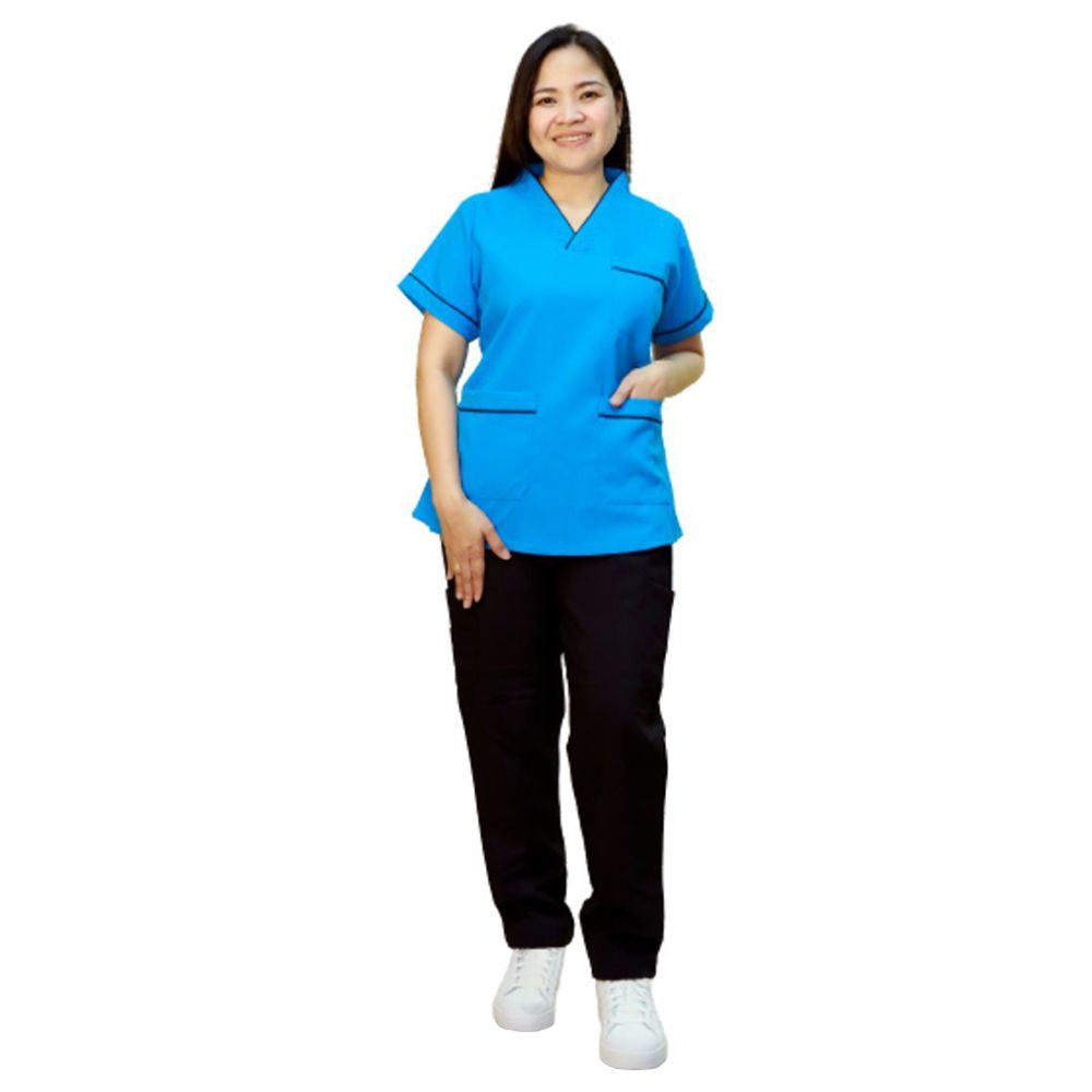 Veronica - 2pc-Set - Scrub Uniform w/ Piping Neckline - Turquoise/Black