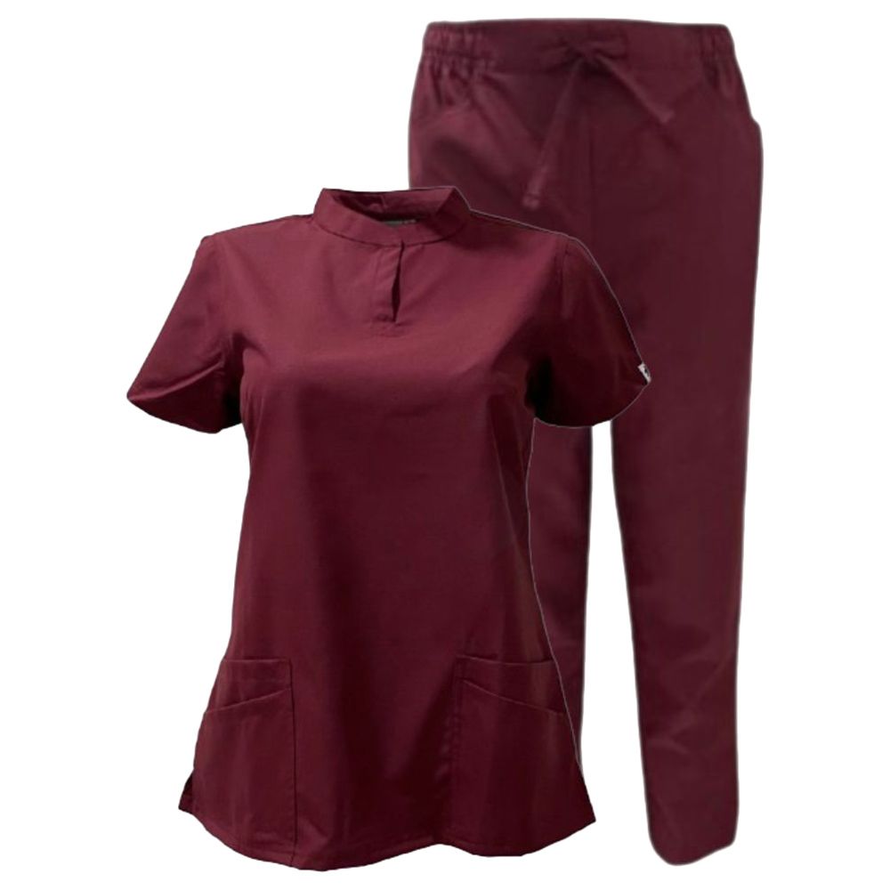 Veronica - 2pc-Set - Women Poly Viscose Chinese Collar Scrub Set -Maroon