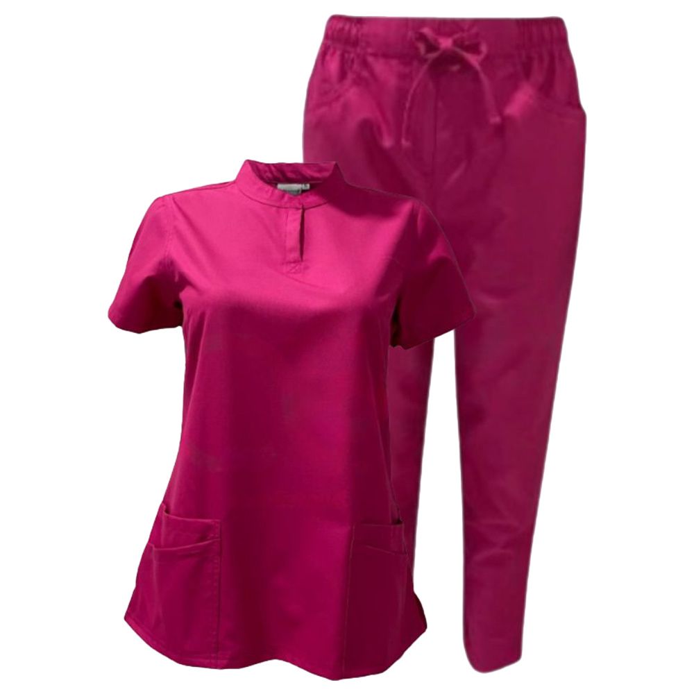 Veronica - 2pc-Set - Women Poly Viscose Chinese Collar Scrub Set - Fuschia