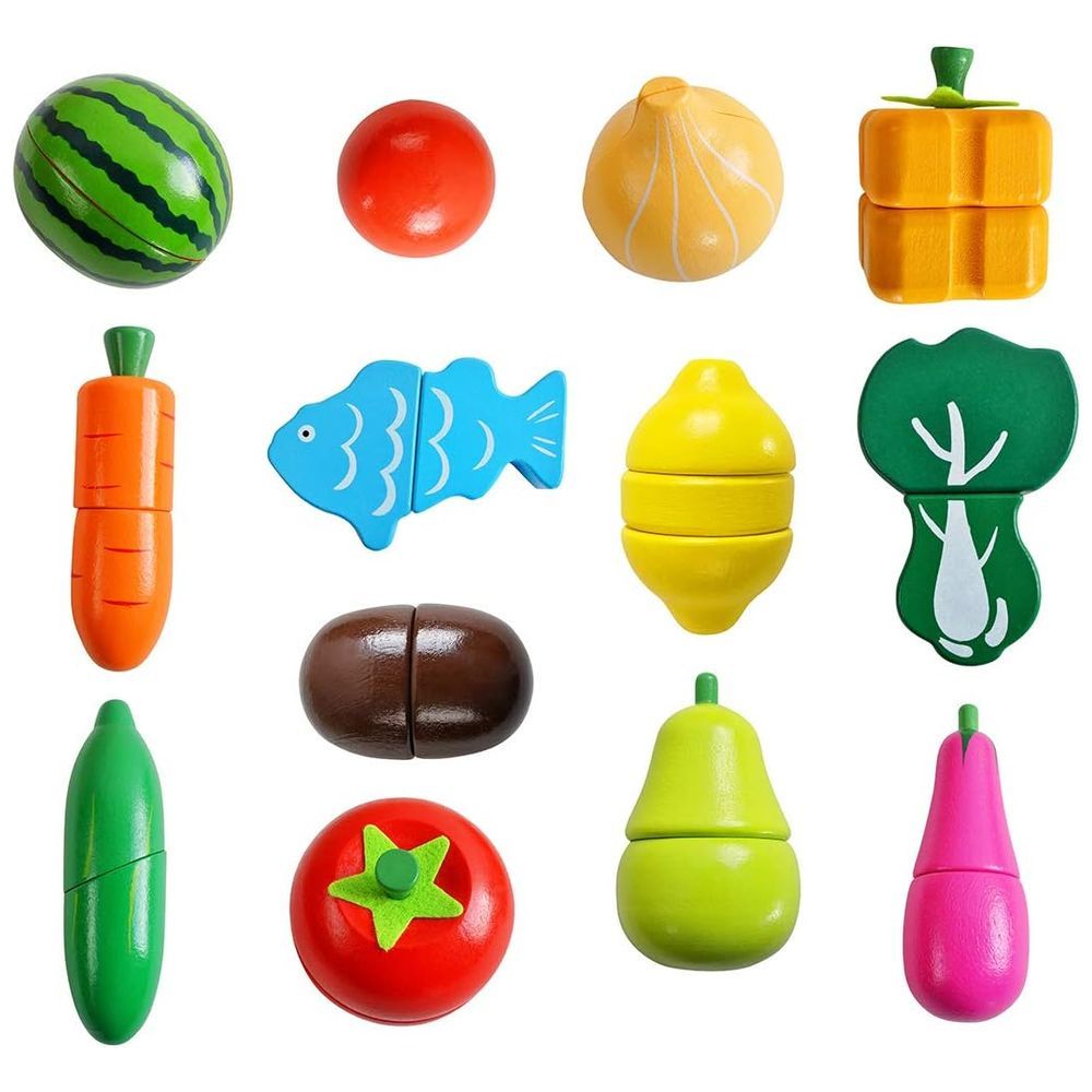 Little Angel - Kids Wooden Fruits & Vegetables In Basket Toys Set