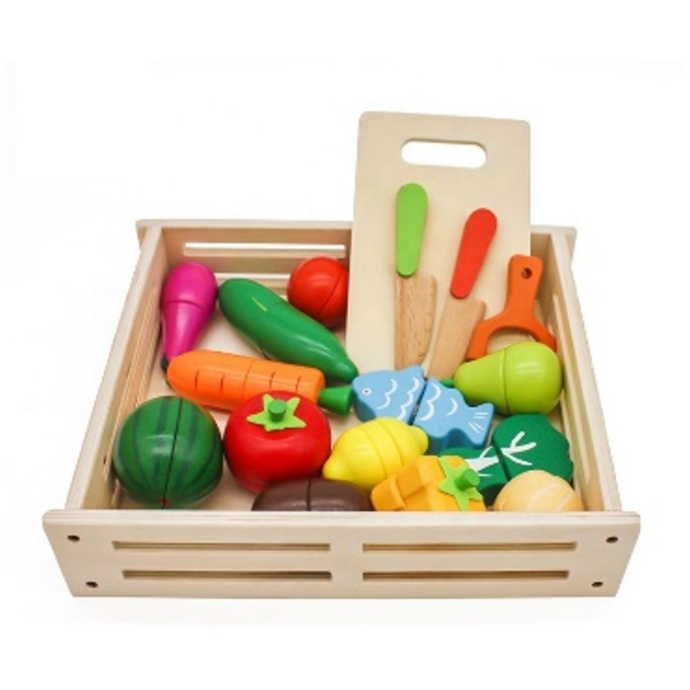 Little Angel - Kids Wooden Fruits & Vegetables In Basket Toys Set