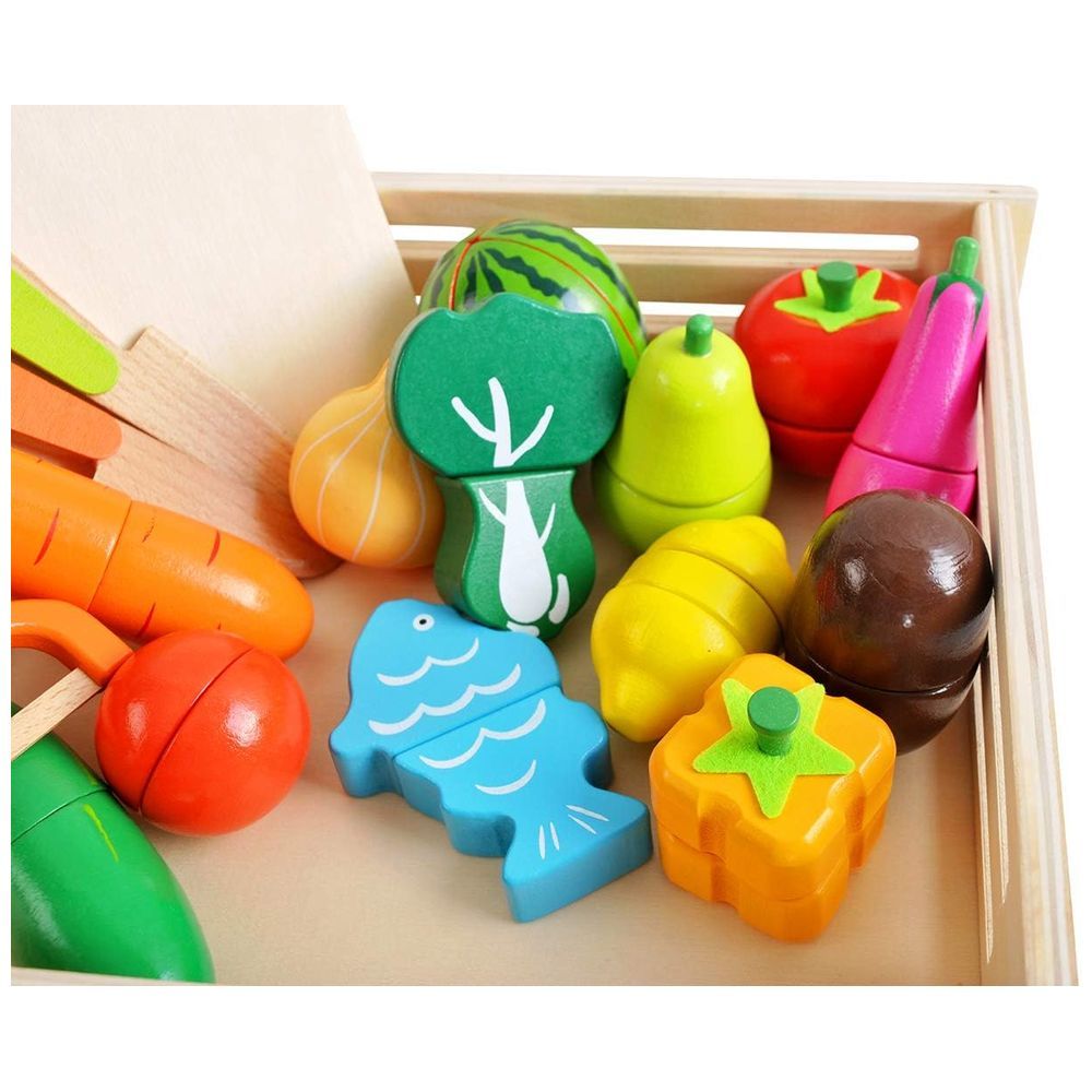 Little Angel - Kids Wooden Fruits & Vegetables In Basket Toys Set