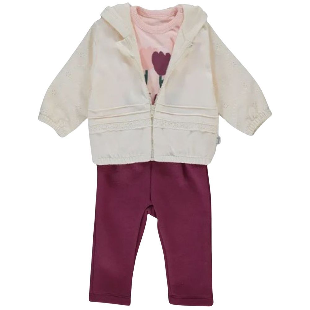 Bebetto - 3pc-Set - Baby Girls Hooded Jacket, T-Shirt & Pants - Burgundy