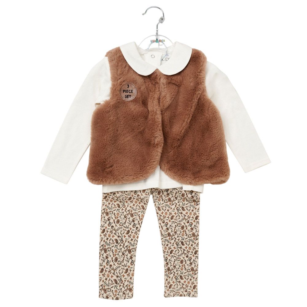 Lily & Jack - 3pc-Set - Baby Girl Top w/ Pants & Waist Coat - Brown/White