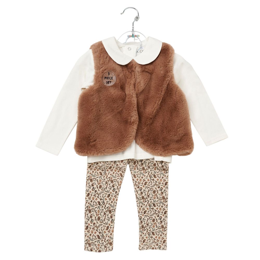 Lily & Jack - 3pc-Set - Girl's Top w/ Pants & Waist Coat - Brown/White