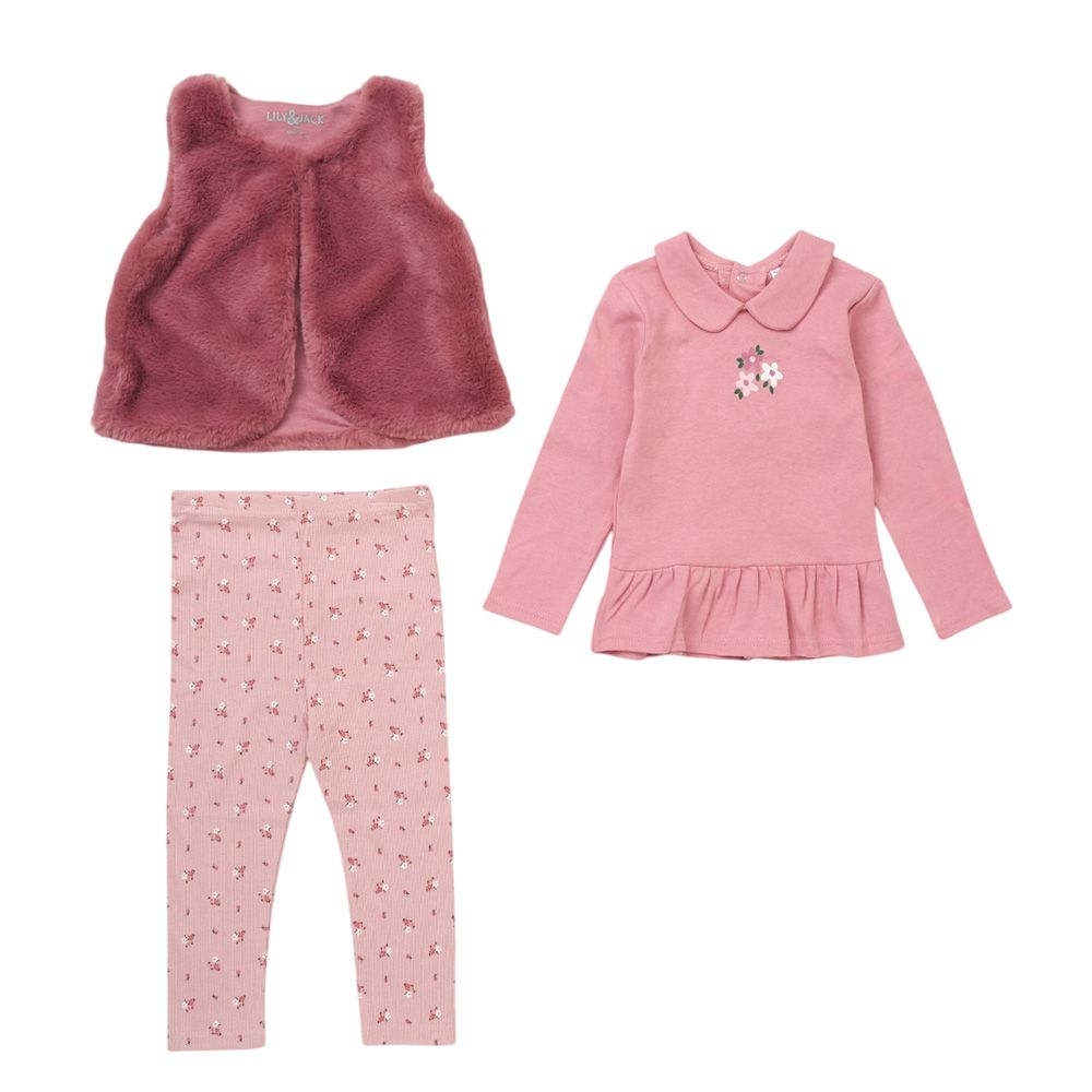 Lily & Jack - 3pc-Set - Baby Girl Top w/ Pants & Waist Coat - Brown/Pink