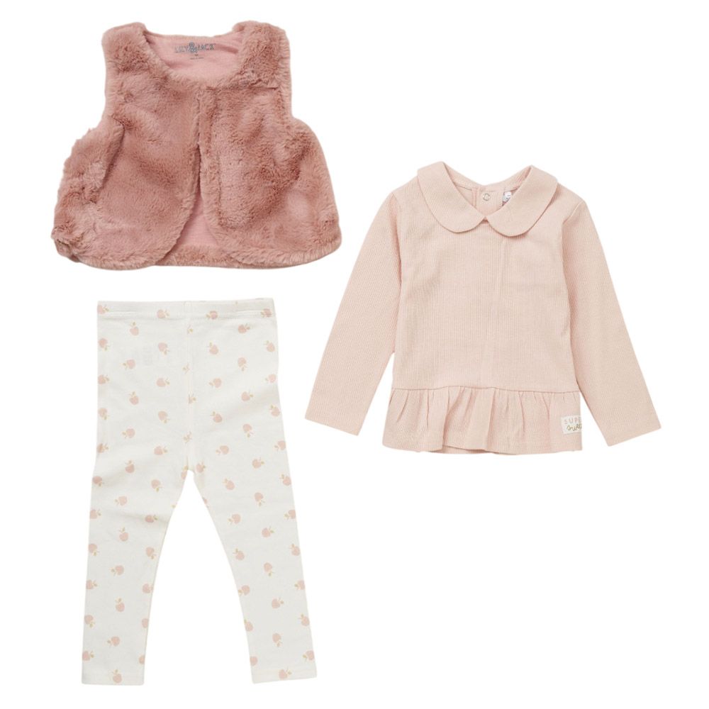 Lily & Jack - 3pc-Set - Baby Girl Top w/ Pants & Waist Coat - Beige/White