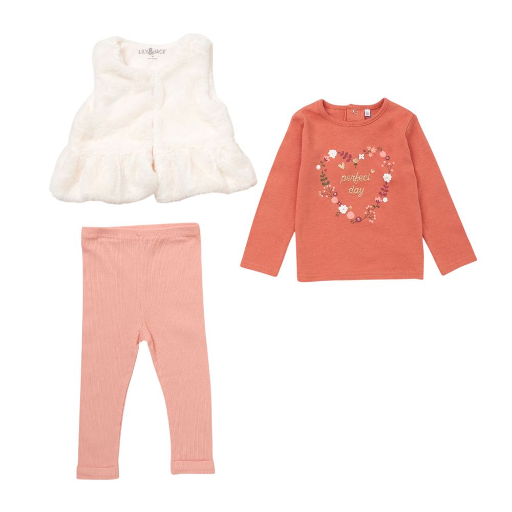 Lily & Jack - 3pc-Set - Girl's Top w/ Pants & Waist Coat - Coral/White