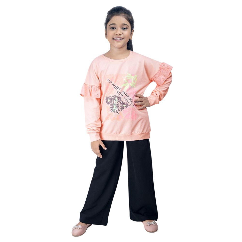 Genius - 2pc-Set - Girl Round Neck Sweatshirt w/ Pant - Coral Pink/Black