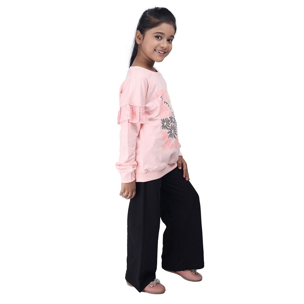 Genius - 2pc-Set - Girl Round Neck Sweatshirt w/ Pant - Coral Pink/Black