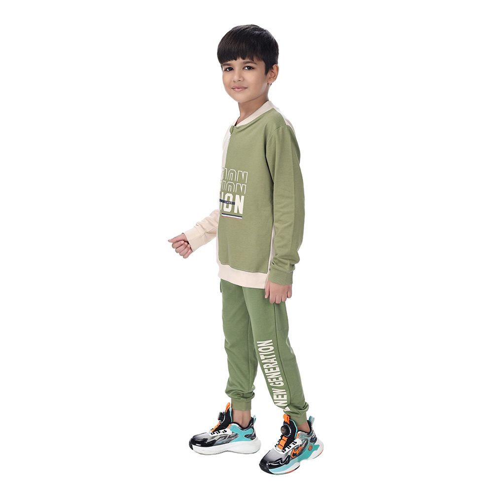 Genius - 2pc-Set - Boy Henley Neck Sweatshirt w/ Jogger - Ivory/Green