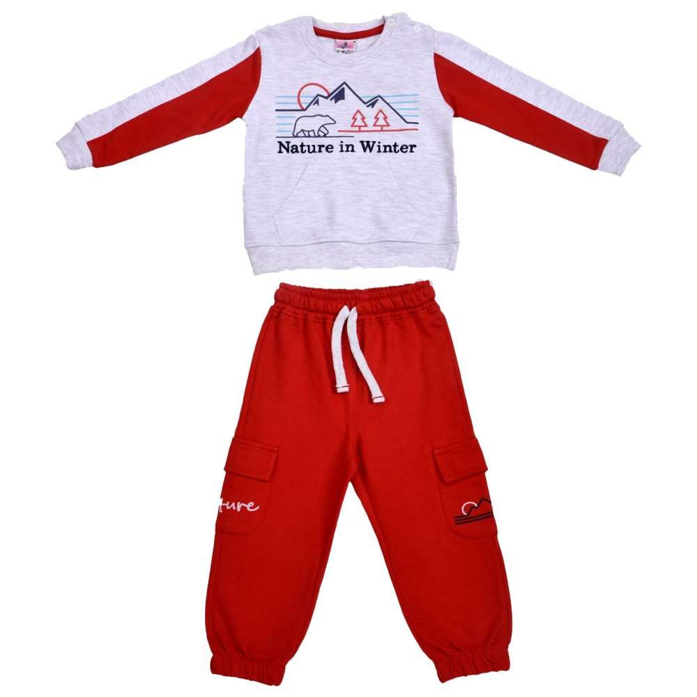 Smart Baby - 2pc-Set - Baby Boy Round Neck Sweatshirt w/ Jogger - Off White/Red