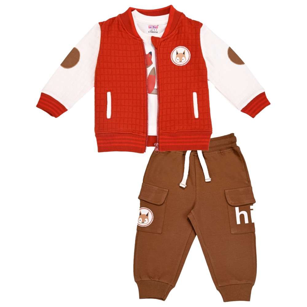 Smart Baby - 3pc-Set - Baby Boy Henley Jacket w/ Tshirt & Jogger - Red/Brown