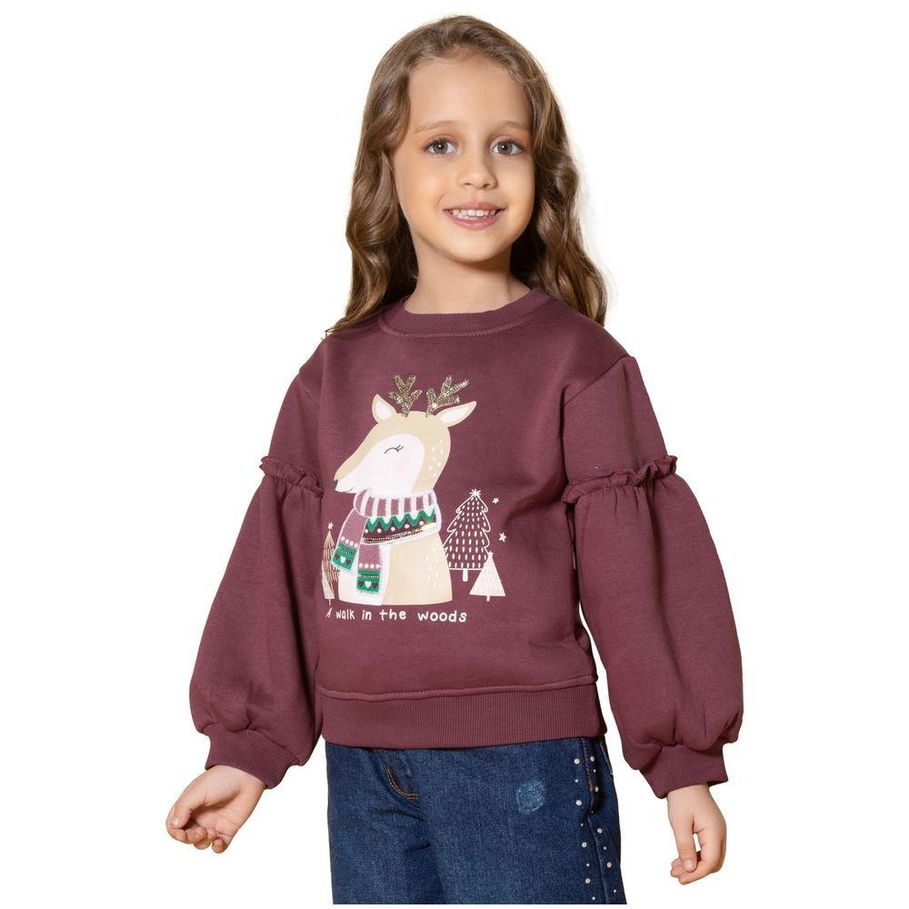 Little Kangaroos - Girl Reindeer Print Sweatshirt - Plum