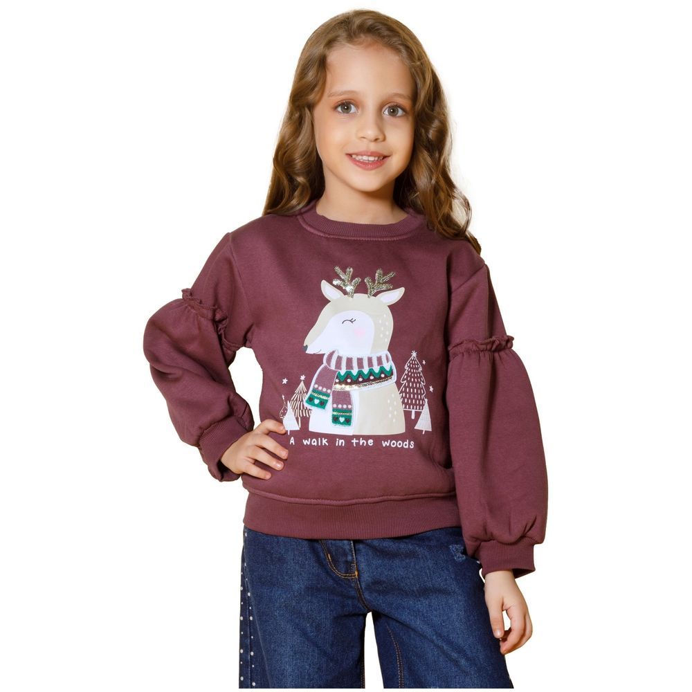 Little Kangaroos - Girl Reindeer Print Sweatshirt - Plum