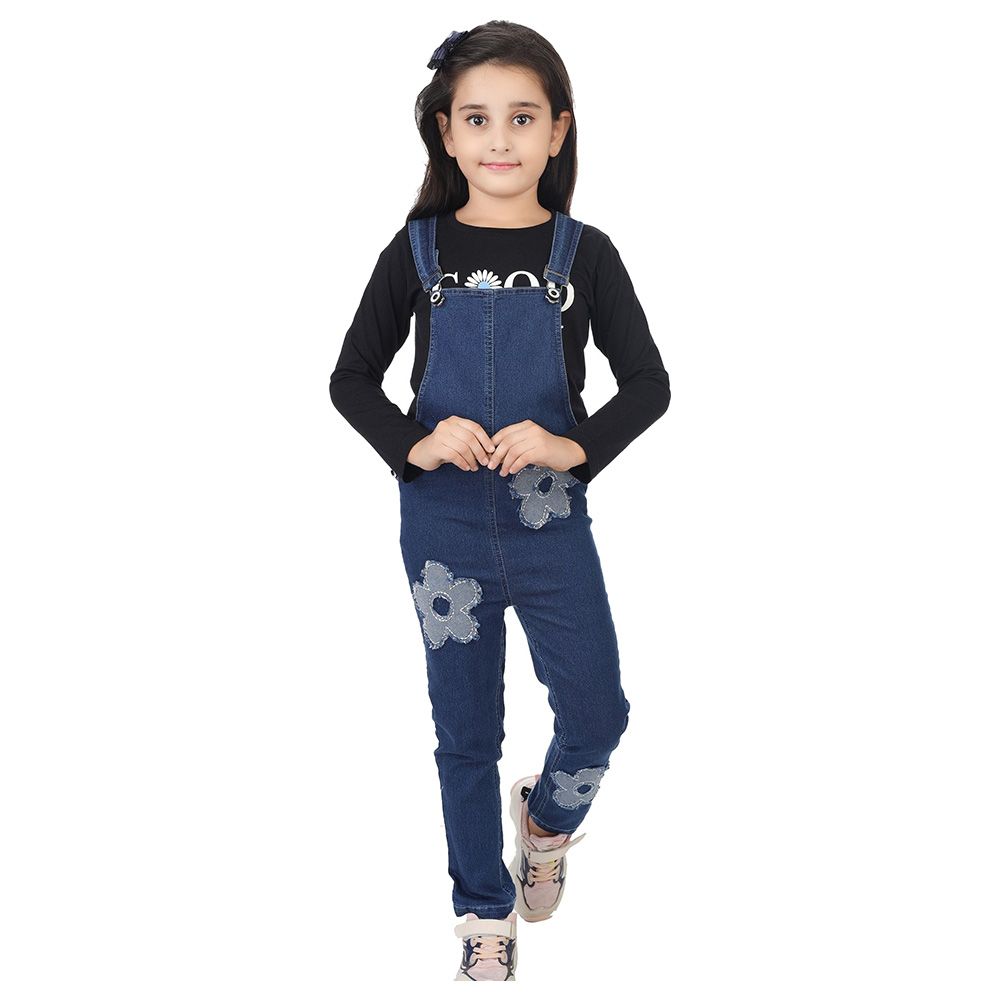 Genius - 2pc-Set - Girl Full Sleeves Top & Dungaree - Black/Navy Blue