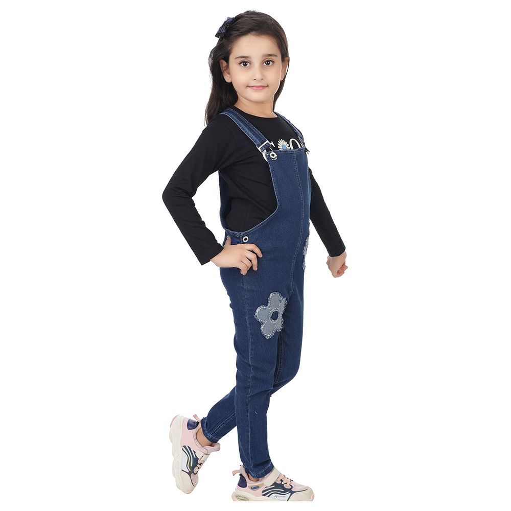 Genius - 2pc-Set - Girl Full Sleeves Top & Dungaree - Black/Navy Blue