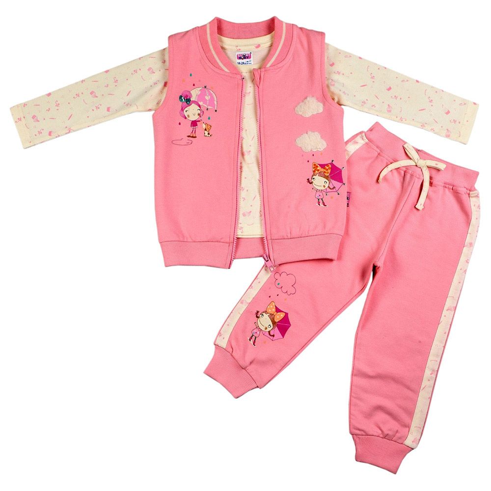 Smart Baby - 3pc-Set - Baby Girl Shirt, Rib Jacket And Joggers - Mid Pink