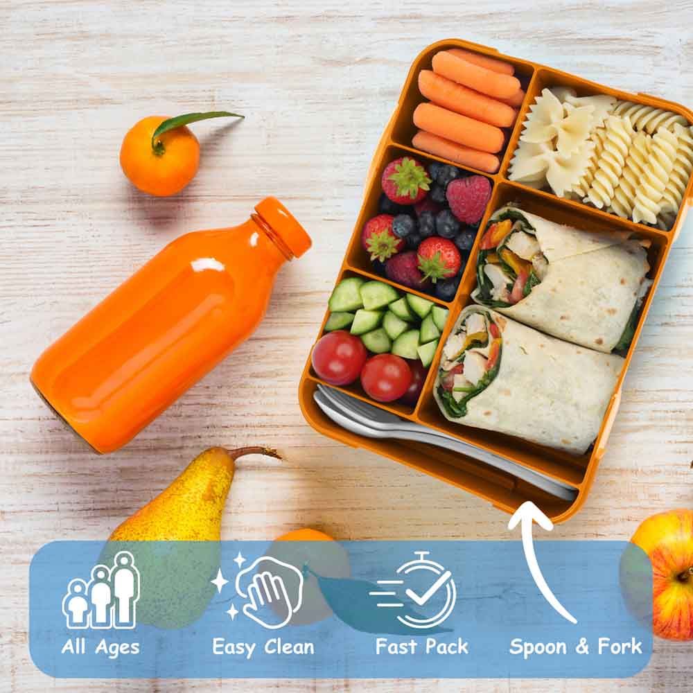 Mumfactory - 5 Compartment Lunch Box With Fork And Spoon - Yellow/Orange