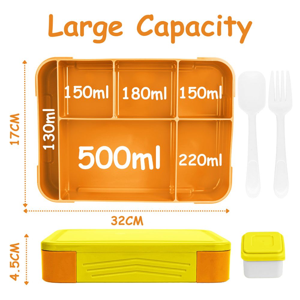 Mumfactory - 5 Compartment Lunch Box With Fork And Spoon - Yellow/Orange