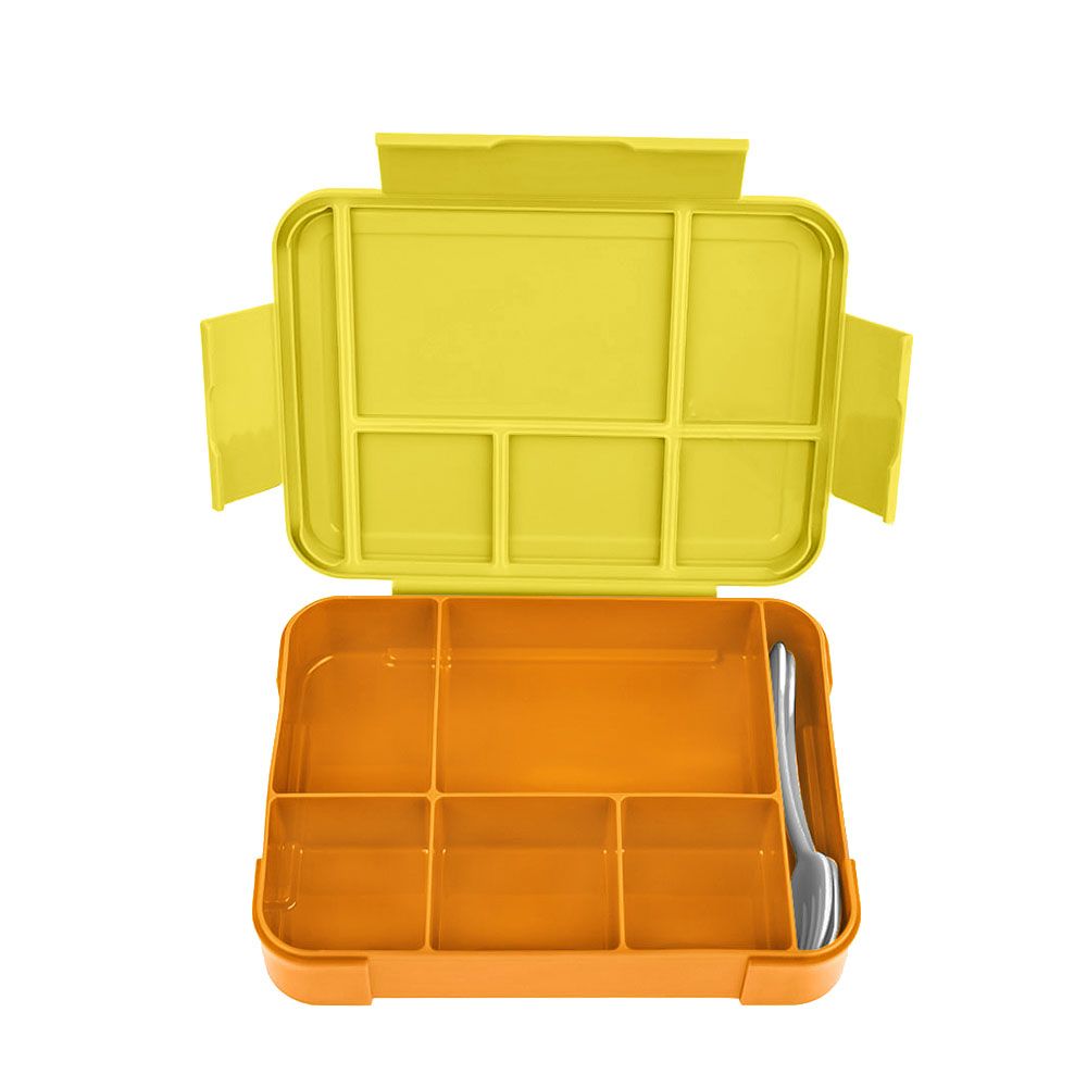 Mumfactory - 5 Compartment Lunch Box With Fork And Spoon - Yellow/Orange