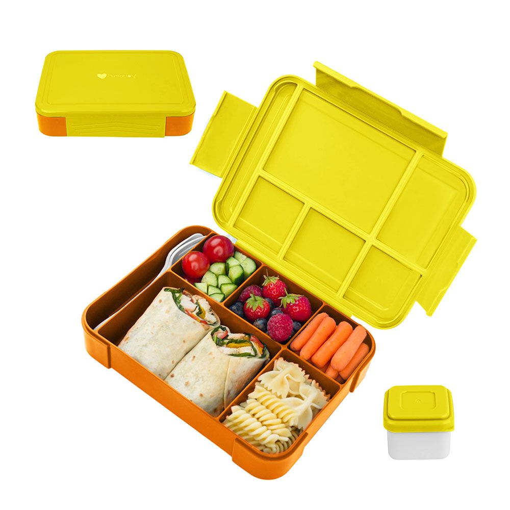 Mumfactory - 5 Compartment Lunch Box With Fork And Spoon - Yellow/Orange