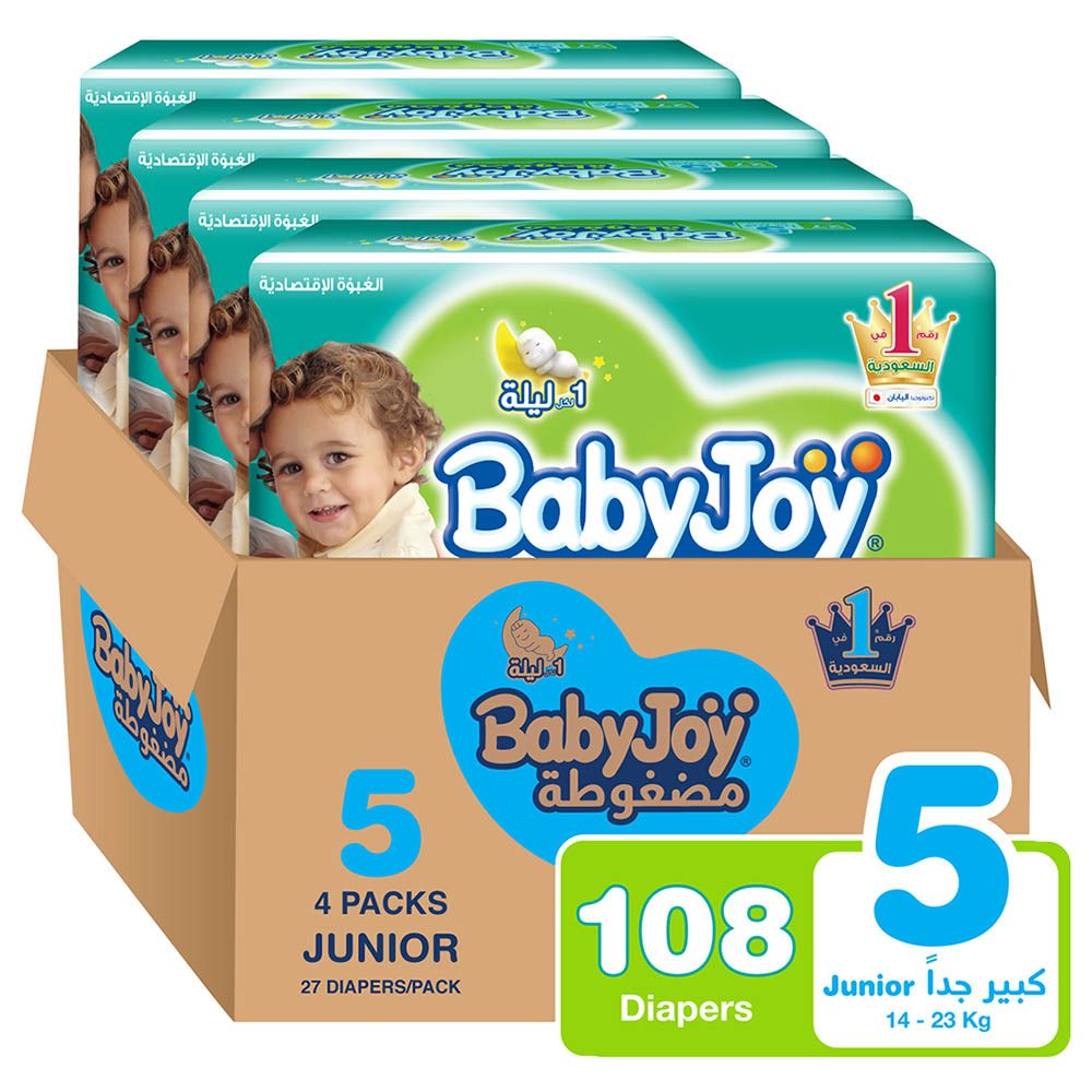 BabyJoy Compressed Diamond Pad Diaper Size 5 - 14-23kg, Pack of 4 - 108 pcs