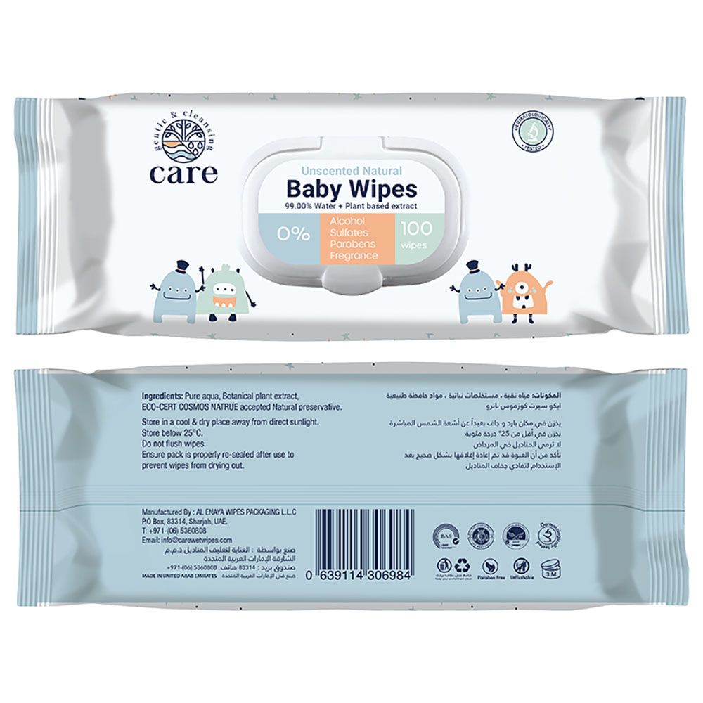 Care - Unscented Natural Baby Wipes 100 Sheets - Pack of 3