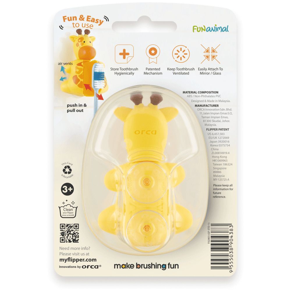 Flipper - Hygienic Toothbrush Holder w/ Suction Cup, Giraffe, 3Y+