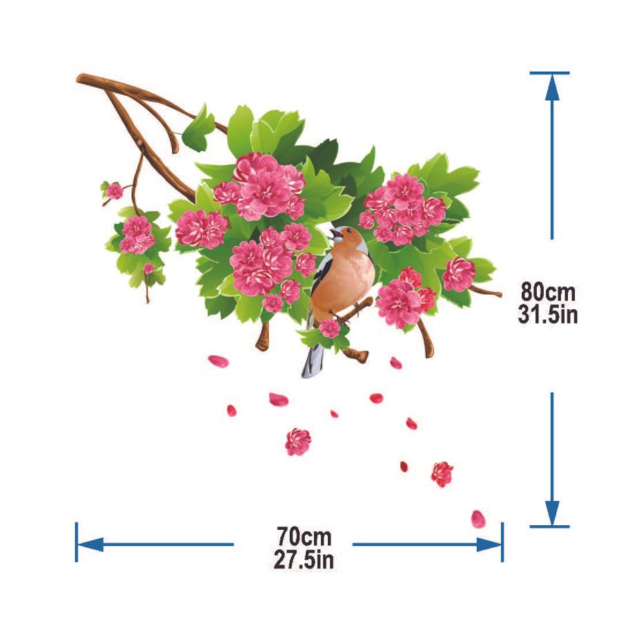 ستيكي آرت- ملصقات الجدران عصفور على فرع زهرة- متوسط